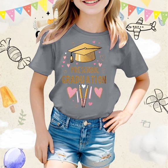 Girls T Shirts Size 6-7Y Preschool Graduation Graphic Tees Short Sleeve Crewneck Summer Top Cute Class of 2026 Gifts Comfortable Kids T-shirt