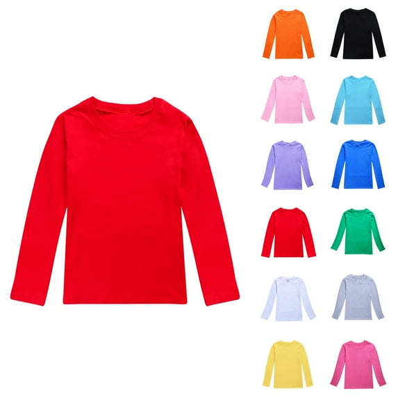 Girls T Shirts Solid Color Long Sleeve Tees Round Neck Slim Fit Shirts Comfortable Breathable Soft Tops Stylish Casual Blouse for Kids Holiday Wear and School