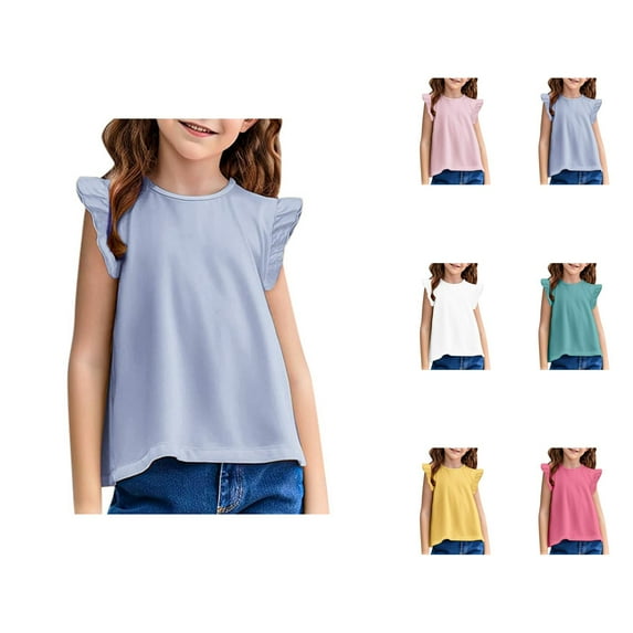 Girls T Shirts Solid Color Ruffle Sleeve Crew Neck Shirts Breathable Stretchy Soft Tops Fashion Comfortable Casual Loose Fit Blouse for Kids Everyday Wear