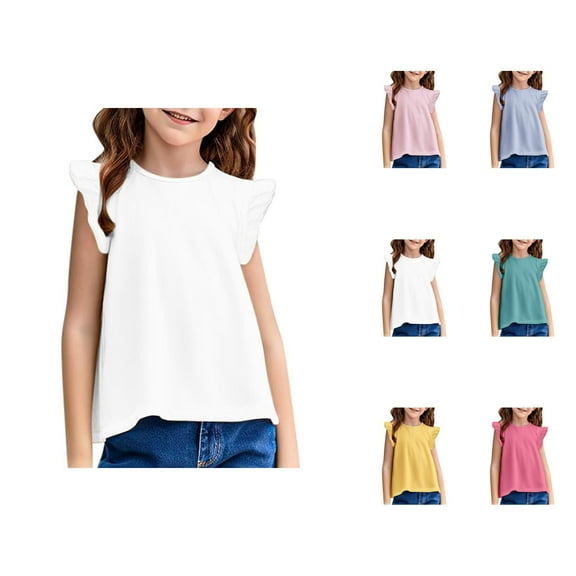 Girls T Shirts Solid Color Ruffle Sleeve Crew Neck Shirts Breathable Stretchy Soft Tops Fashion Comfortable Casual Loose Fit Blouse for Kids Everyday Wear