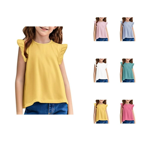 Girls T Shirts Solid Color Ruffle Sleeve Crew Neck Shirts Breathable Stretchy Soft Tops Fashion Comfortable Casual Loose Fit Blouse for Kids Everyday Wear