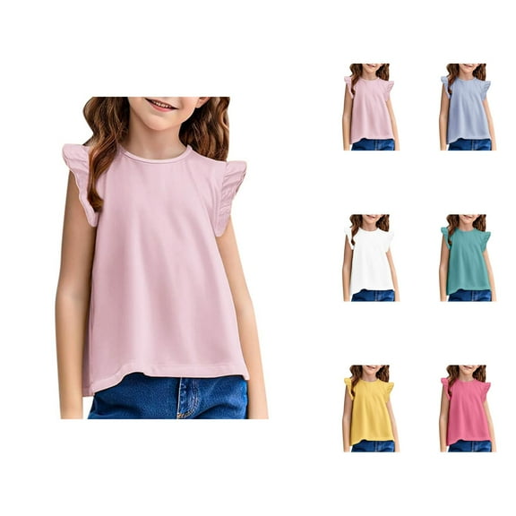 Girls T Shirts Solid Color Ruffle Sleeve Crew Neck Shirts Breathable Stretchy Soft Tops Fashion Comfortable Casual Loose Fit Blouse for Kids Everyday Wear