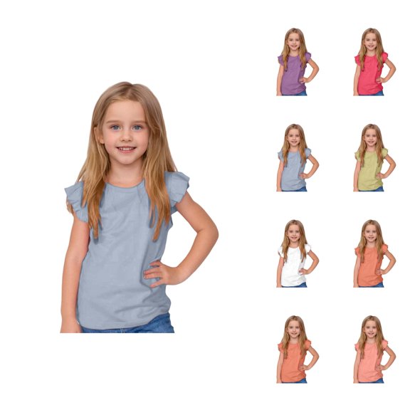 Girls T Shirts Solid Color Ruffle Sleeve Shirts Round Neck Slim Fit Tees Comfortable Breathable Soft Tops Stylish Casual Blouse for Kids Daily Wear and School