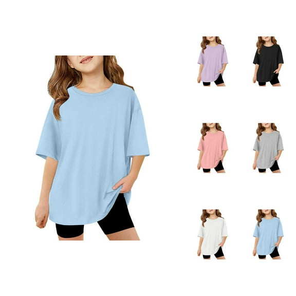 Girls T Shirts Solid Color Short Sleeve Basic Tees Round Neck Loose Fit Shirts Comfortable Breathable Soft Tops Stylish Casual Blouse for Kids School Daily Wear