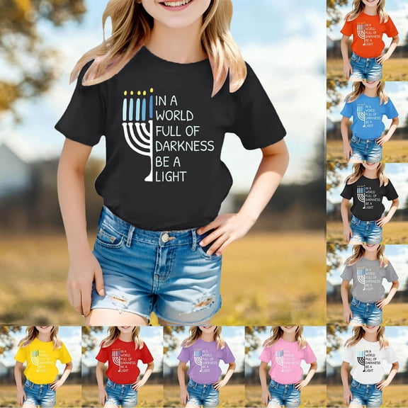 Girls T Shirts Summer Hanukkah Graphic Tee Short Sleeve Round Neck Loose Fit Top Girls' Tops Black 3-4 Years