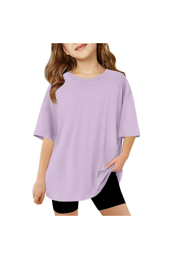 Girls T Shirts Summer Oversized Short Sleeve Solid Casual Crewneck Basic Tees Girls Tops Light Purple 9-10 Years