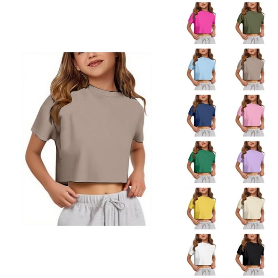 Girls T Shirts Summer Short Sleeve Crewneck Plain Y2k Cropped Tops 5-14 Years