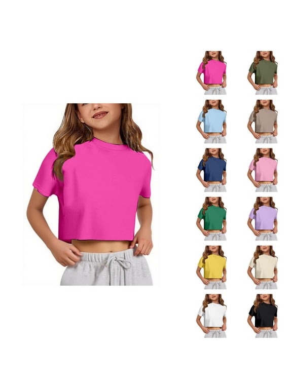 Girls T Shirts Summer Short Sleeve Crewneck Plain Y2k Cropped Tops 5-14 Years