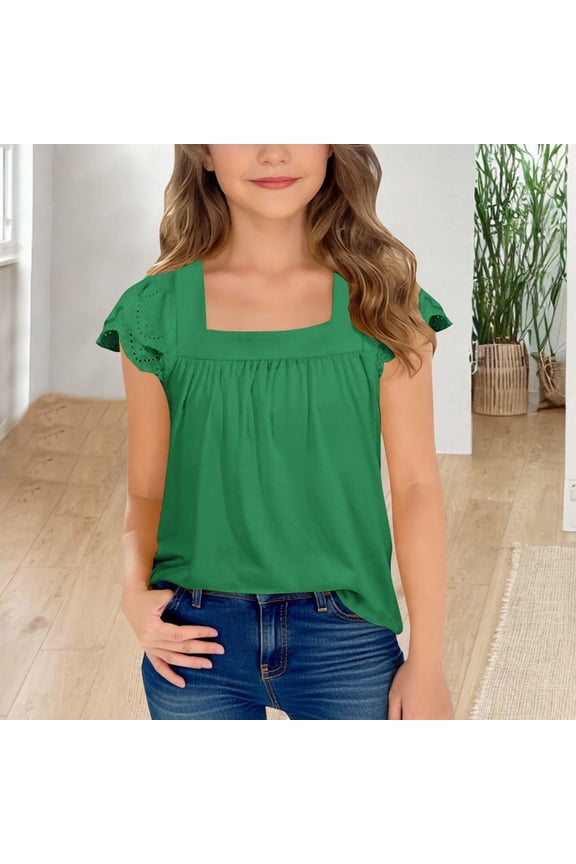 Girls T Shirts Summer Short Sleeve Hollow Out Lace Flutter Tee Girls Clothes Green 7-8 Years