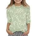 thumbnail image 1 of Girls T Shirts Teen Girls Spring Summer Flower Prints Round Neck Casual 3/4 Sleeve T Shirt Summer Tops Light Green 11 Years-12 Years, 1 of 3