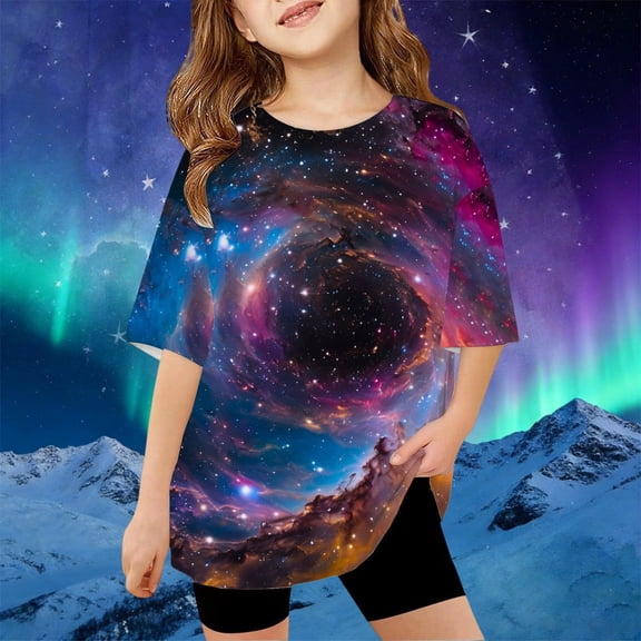Girls T Shirts Tie Dye Cosmic Print Short Sleeve Crewneck Top Loose Casual Daily Outfit Girls Tops Blue 10-11Y
