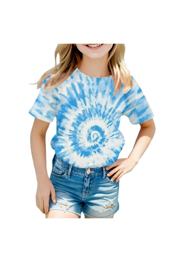 Girls T Shirts Tie Dye Print Short Sleeve Summer Fashion Casual Crewneck Kids Tops Tees Blouses