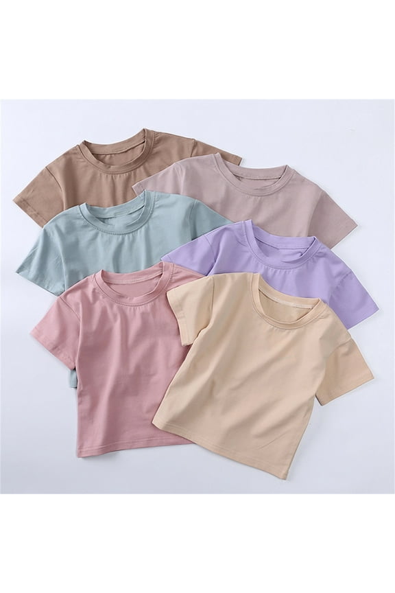 Girls T Shirts Toddler Kids Baby Boys Solid Basic Short Sleeve Crewneck Solid Tee Beige Girls Tops 2-3 Years
