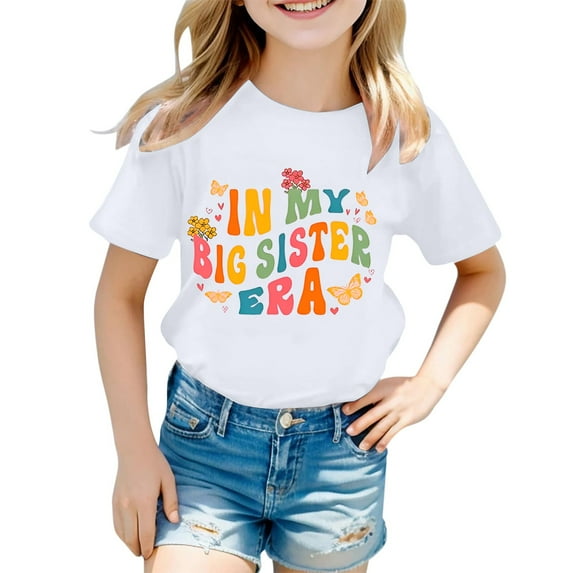 Girls T Shirts Toddler Kids Girls Summer Big Sister Letter Print Short Sleeve Casual T Shirt Lightweight Breathable Soft Top Toddler T Shirts White 6 Years-7 Years