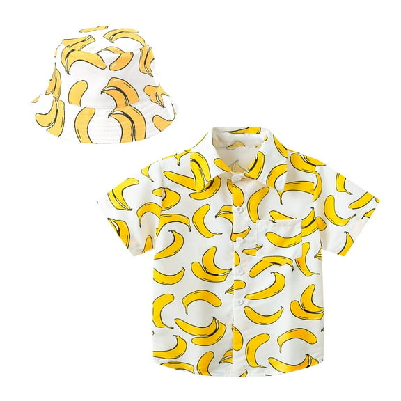 Girls T Shirts Toddler Kids Summer Short Sleeve Hawaiian Style Prints Gentleman Tops Beach Holiday Floral Shirts with Hat Boys T Shirts Yellow 2 Years-3 Years