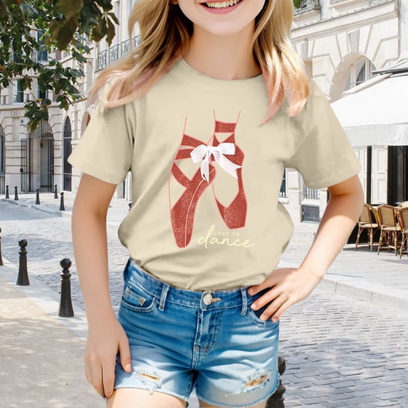 Girls T Shirts Truck Print Crew Neck Short Sleeve Tee for Everyday Wear Girls' Tops Tees Blouses Beige 2 Years-3 Years