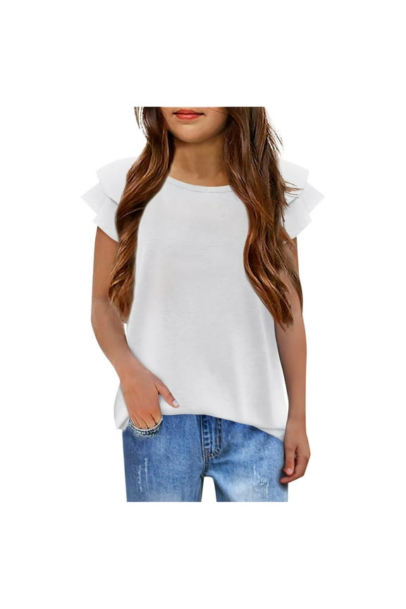 Girls' T Shirts Wavy Sleeves Summer Crew Neck Short Sleeve Tops Casual Fashion Plain T Shirt For Girls Long Sleeve Undershirt for Kids Girls Workout Too