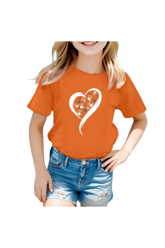 Girls T Shirts Youth Heart Pattern Short Sleeve Crewneck Tee Truth and Reconciliation Shirt Toddler Girls Clothes Orange 2-3Y