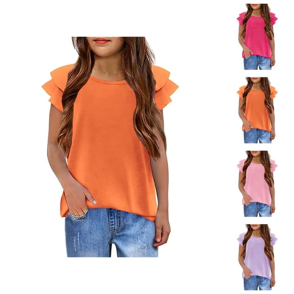 Girls T-Shirts with Wavy Sleeves Summer Crew Neck Short Sleeve Tops Casual Fashion Plain T Shirt Stylish Basic Tees for Everyday Activities