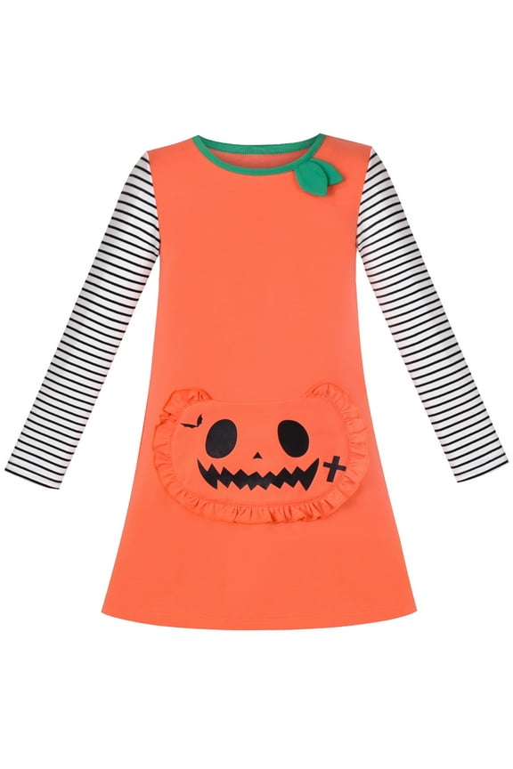Girls T-shirt Dress Halloween Pumpkin Big Pocket Long Sleeve 4 Years