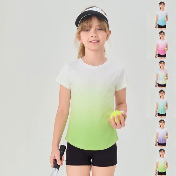 Girls T-shirts Athletic Mesh Short Sleeve Tee Breathable Short Sleeves T-shirts Rainbow Gradient Color Tennis Shirt for Girls (Light Green 6-7 Years)