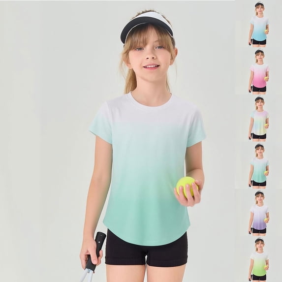 Girls T-shirts Athletic Mesh Short Sleeve Tee Breathable Short Sleeves T-shirts Rainbow Gradient Color Tennis Shirt for Girls (Mint Green 6-7 Years)