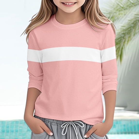 Girls T shirts Long Sleeve Crewneck Color Block Casual Comfortable Everyday Wear T-Shirts for Girls Size 3-4Y
