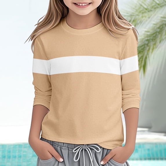 Girls T shirts Long Sleeve Crewneck Color Block Casual Comfortable Everyday Wear T-Shirts for Girls Size 3-4Y