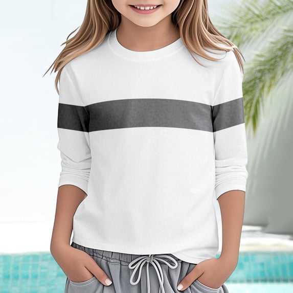 Girls T shirts Long Sleeve Crewneck Color Block Casual Comfortable Everyday Wear T-Shirts for Girls Size 7-8Y