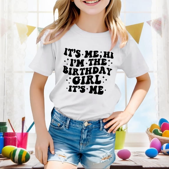 Girls T shirts Short Sleeve Crewneck Birthday Letter Print Graphic Tees Summer Loose Casual Party T-Shirts for Girls Size 4-5Y