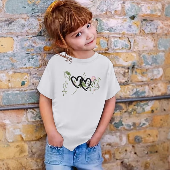 Girls T shirts Short Sleeve Crewneck Cartoon Heart Print Graphic Tees Summer Loose Casual Cute T-Shirts for Girls Size 3-4Y