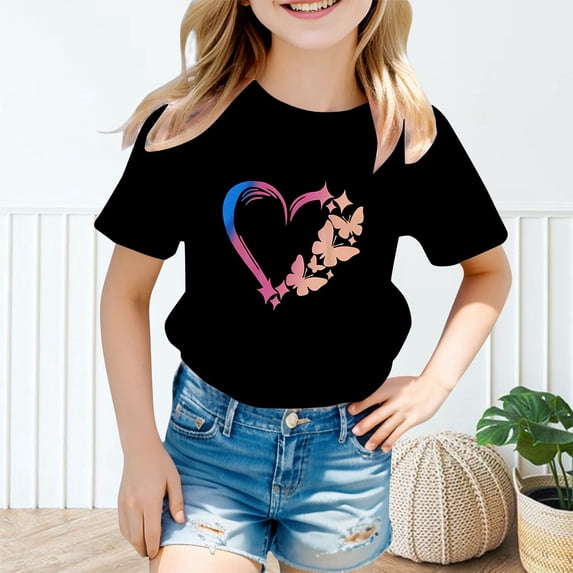 Girls T shirts Short Sleeve Crewneck Graphic Tees Heart Print Summer Stylish Casual Layering T-Shirts for Girls Size 3-4Y