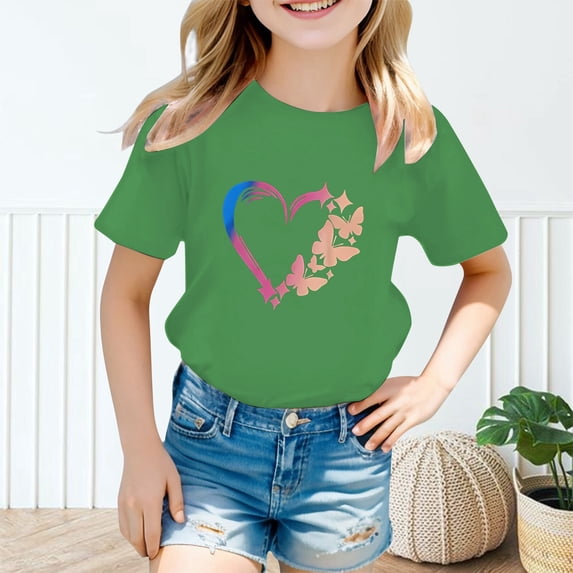 Girls T shirts Short Sleeve Crewneck Graphic Tees Heart Print Summer Stylish Casual Layering T-Shirts for Girls Size 7-8Y