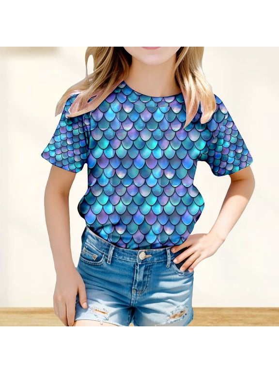 Girls T shirts Short Sleeve Crewneck Graphic Tees Mermaid Scale Print Summer Casual Cute T-Shirts for Girls Size 8-9Y
