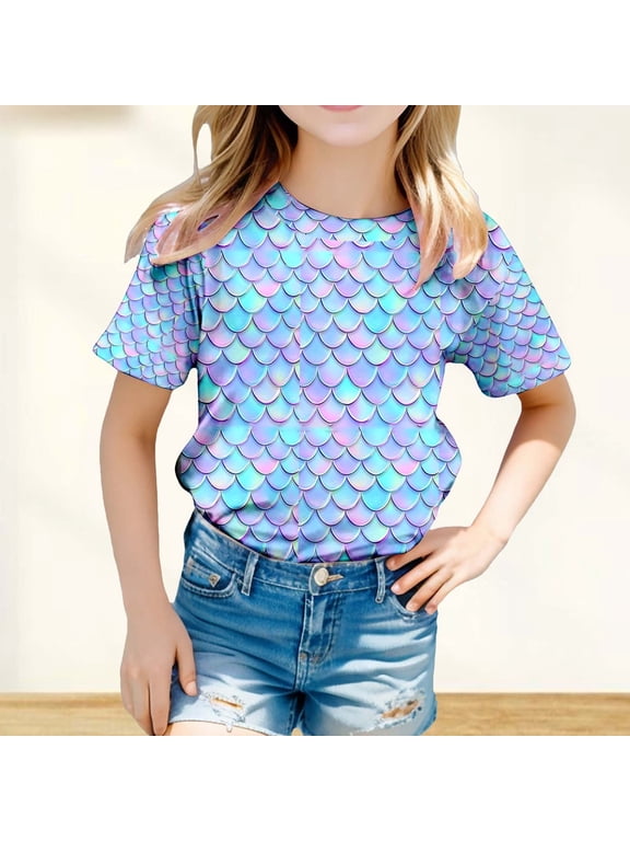 Girls T shirts Short Sleeve Crewneck Mermaid Scale Print Graphic Tees Casual Summer Cute T-Shirts for Girls Size 6-7Y