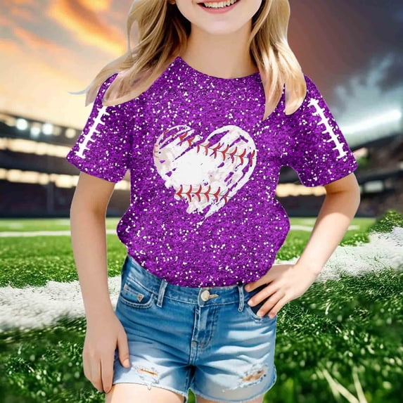 Girls T shirts Short Sleeve Crewneck Sequin Print Graphic Tees Stylish Casual Party T-Shirts for Girls Size 12-13Y