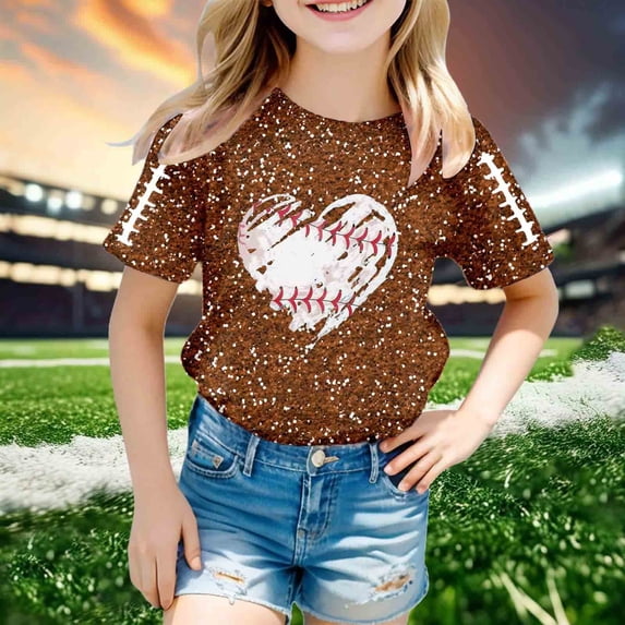 Girls T shirts Short Sleeve Crewneck Sequin Print Graphic Tees Stylish Casual Party T-Shirts for Girls Size 4-5Y