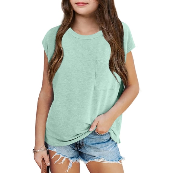 Girls T shirts Short Sleeve Crewneck Solid Color Tops Summer Relaxed Fit Casual Everyday Wear T-Shirts for Girls Size 7-8Y