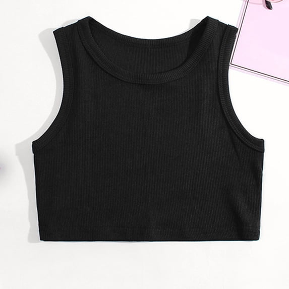 Girls T shirts Sleeveless Crewneck Cropped Solid Color Tops Sport Casual Summer Tank T-Shirts Size 3-4Y