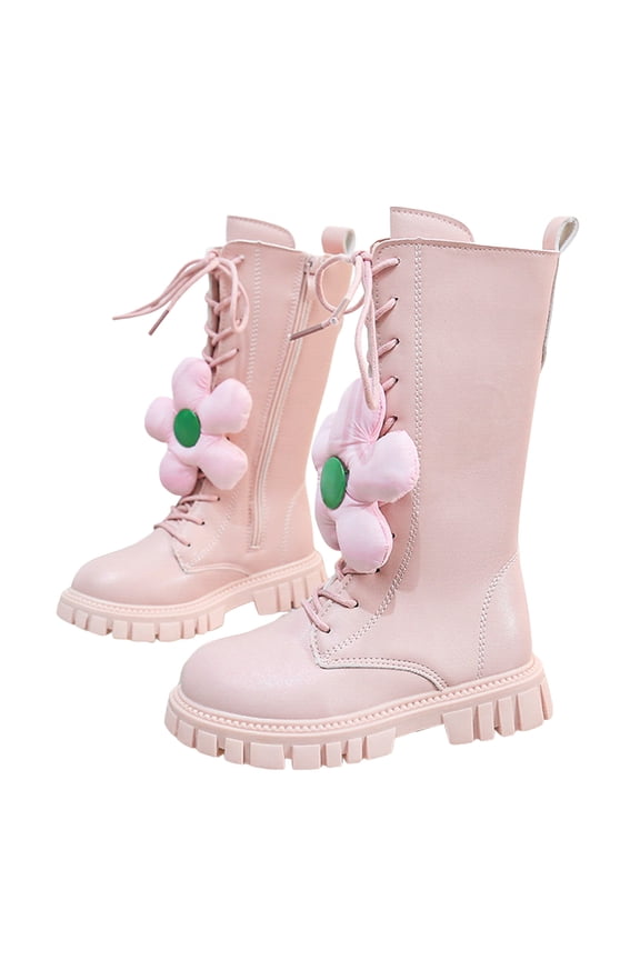 Girls Tall Combat Boots Flower Decor Lace up Zipper Retro Leather Mid Calf Riding Booties Platform Chunky Heel Knee High Boots Pink 2 Big Kids