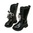 thumbnail image 1 of Girls Tall Riding Boots Elegant Pearl Bow Strappy Knee High Combat Boots Lace up Zipper Lug Sole Long Booties Black 13 Little Kid, 1 of 5