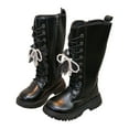 thumbnail image 1 of Girls Tall Riding Boots Elegant Pearl Bow Strappy Knee High Combat Boots Lace up Zipper Lug Sole Long Booties Black 2.5 Big Kid, 1 of 6