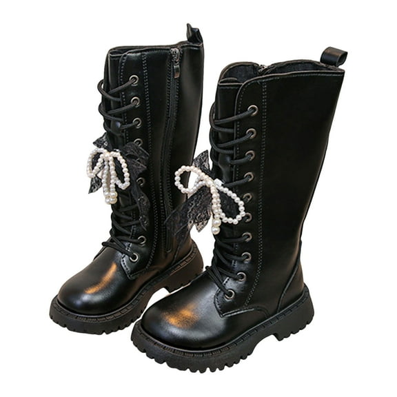 Girls Tall Riding Boots Elegant Pearl Bow Strappy Knee High Combat Boots Lace up Zipper Lug Sole Long Booties Black 2.5 Big Kid