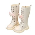 thumbnail image 1 of Girls Tall Riding Boots Elegant Pearl Bow Strappy Knee High Combat Boots Lace up Zipper Lug Sole Long Booties White 2.5 Big Kid, 1 of 7