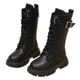 thumbnail image 1 of Girls Tall Riding Boots Fashion Lace up Buckle Strap Platform Lug Sole Knee High Winter Booties Black 13.5 Little Kids, 1 of 5