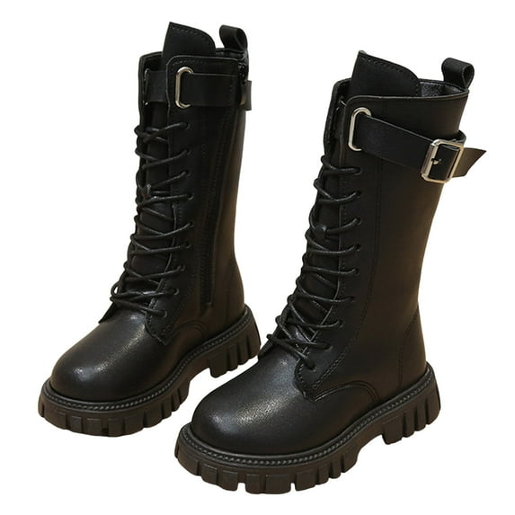 Girls Tall Riding Boots Fashion Lace up Buckle Strap Platform Lug Sole Knee High Winter Booties Black 13.5 Little Kids