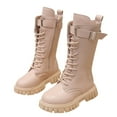 thumbnail image 1 of Girls Tall Riding Boots Fashion Lace up Buckle Strap Platform Lug Sole Knee High Winter Booties Pink 13 Little Kids, 1 of 5