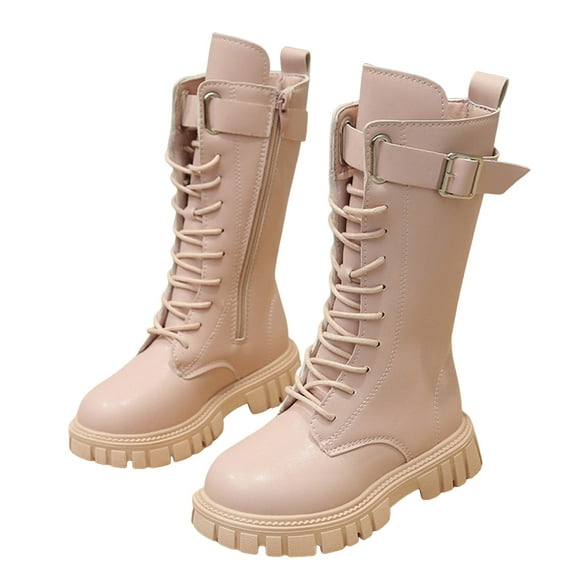 Girls Tall Riding Boots Fashion Lace up Buckle Strap Platform Lug Sole Knee High Winter Booties Pink 12 Little Kids