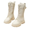 thumbnail image 1 of Girls Tall Riding Boots Fashion Lace up Buckle Strap Platform Lug Sole Knee High Winter Booties White 11 Little Kids, 1 of 5