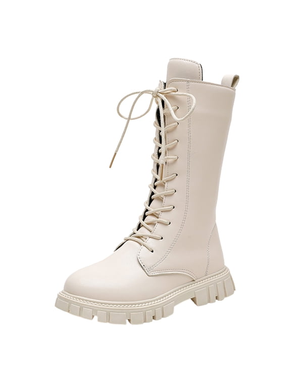Girls Tall White Boots Lace Up Girl's Knee High Riding Boots Lace Up Side Zipper Combat Boots Non Slip Gothic Knight Boot Lug Sole Chunky Heels Shoe